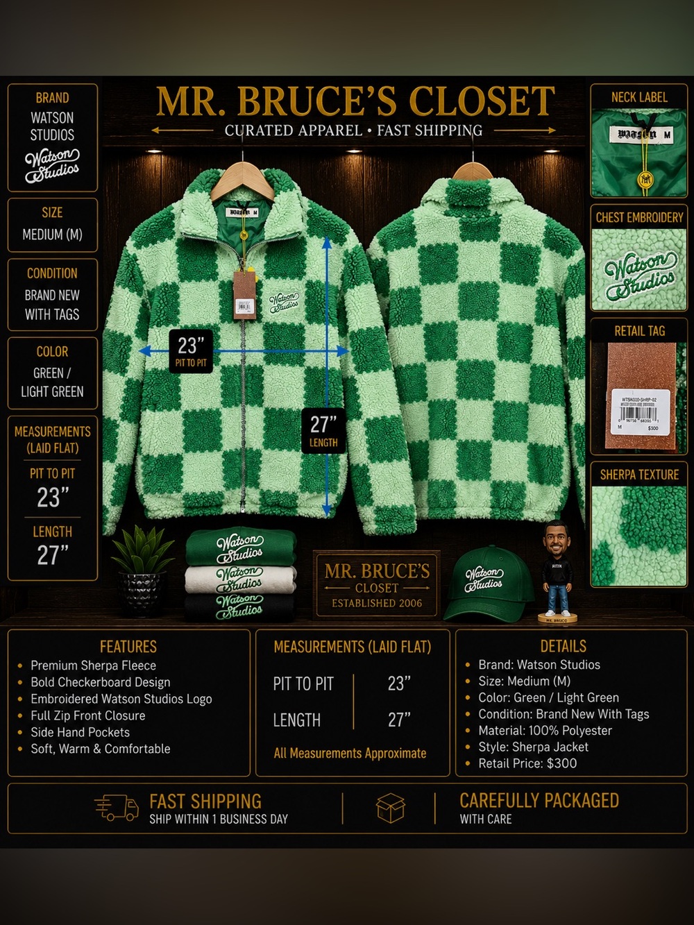 Men's Green Checkerboard Sherpa Jacket